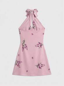 lacRébo Mini Pink Floral Print Halterneck Dress With Cute Key Hole And A-Line Shape Spring Summer French Style Parisian Style Holiday Dress Vacation Dress Going Out - Dusty Pink - View 8