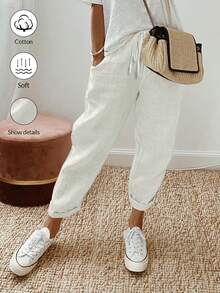 Breezaya Women's Drawstring Waist Simple And Casual Pants With Slanted Pockets - White - View 1