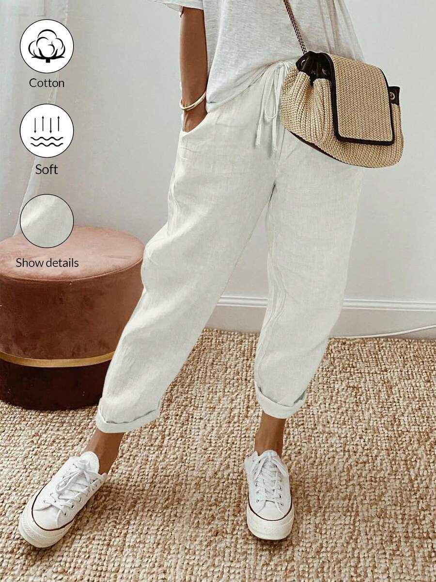 Breezaya Women's Drawstring Waist Simple And Casual Pants With Slanted Pockets - White - View 1