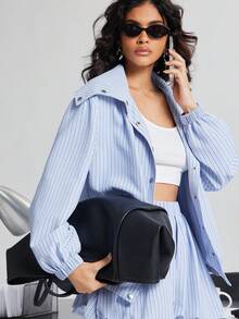 SHEIN Haute Áo khoác sơ mi nữ cổ cao cài khuy phía trước, kẻ sọc - Nhiều màu - Xem 7