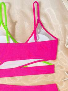 SHEIN Teen Girls Bikini Sets,Multicolor Patchwork Knit Fabric,Criss-Cross Front Design,2-Piece Swimwear,Kawaii Neon Bathing Suits For Summer Beach Holiday - Multicolor - View 4