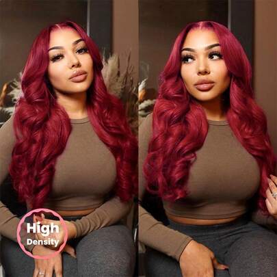 蓬松卷曲真人发假发，巴西真人发假发，200%密度，13x6蕾丝前假发，99J红色缅甸卷发波浪假发，预先拔毛，自然发际线，蓬松卷发，柔软蓬松质地，佩戴舒适。