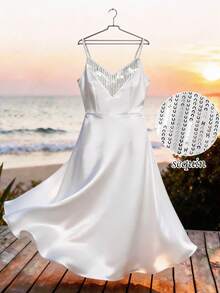 Franclia Women's Casual V-Neck Sequin Patchwork Satin White Camisole A-Line Dress Sequin Detail Dress Spaghetti Strap Dress For Women Elegant Party Dresses For Women Elegant - White - View 5