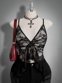 SHEIN ICON 夏季大码性感荷叶边薄纱蕾丝吊带背心 - 黑色 - 查看 4