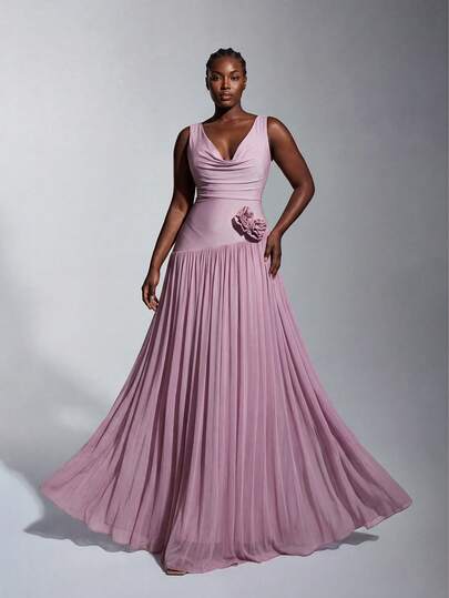 Elitara Elegant Lotus Pink Knitted Sexy Draped Neck Minimalist Floral 3D Flare Maxi Dress, Suitable For Dates, Vacations, Singles Parties, Weddings, Galas, Bridesmaid