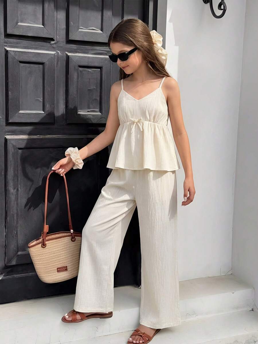 青少年女孩休闲基本度假装，白色背心搭配宽松蕾丝边和阔腿白色裤子亚麻两件套夏装套装白色夏季服装休闲两件套可爱夏季服装休闲两件套服装 - 白色 - 查看 1