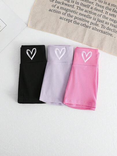 3pcs Young Girl Solid Color High Waist Knit Shorts Set, Sporty & Sweet, Spring/Summer