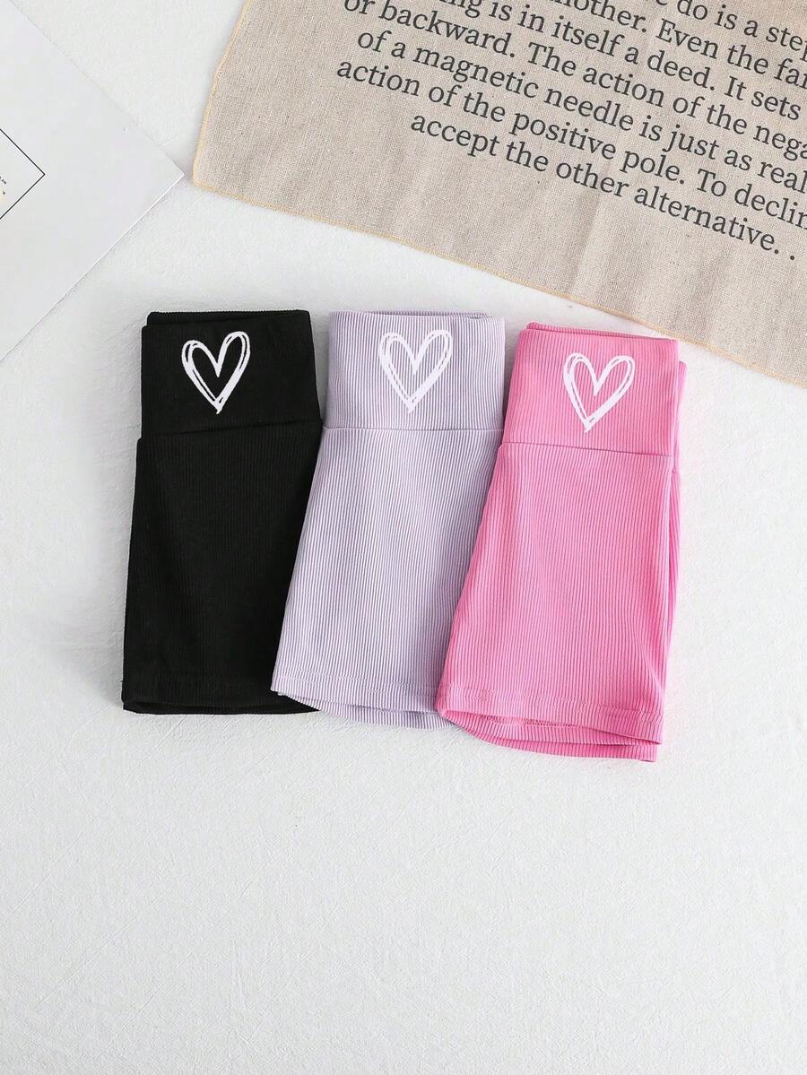 3pcs Young Girl Solid Color High Waist Knit Shorts Set, Sporty & Sweet, Spring/Summer - Multicolor - View 1