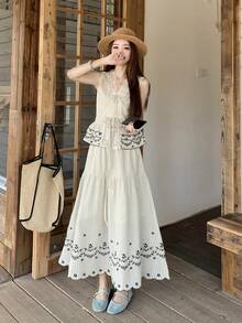 DAZY Women's V-Neck Korean Style Striped 2 Pieces Set - Beige - View 4
