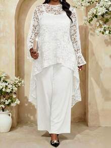 Fleurora Ensemble 2 pièces élégant avec Top à manches longues avec patchwork en dentelle et pantalon, couleur unie, dos court et devant long, taille grande - Blanc - Voir 4