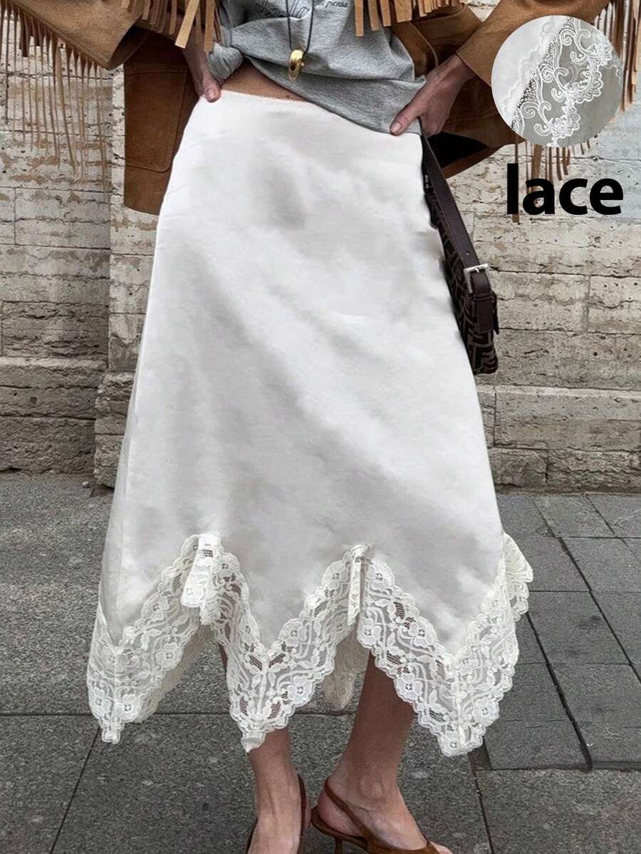 Siren Gaze Chân váy chữ A phối ren và satin mới cho mùa xuân/hè dành cho nữ. - trắng - Xem 1