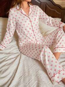Conjunto de pijama con estampado de corazones y ribete de contraste - Rosa - Ver 1