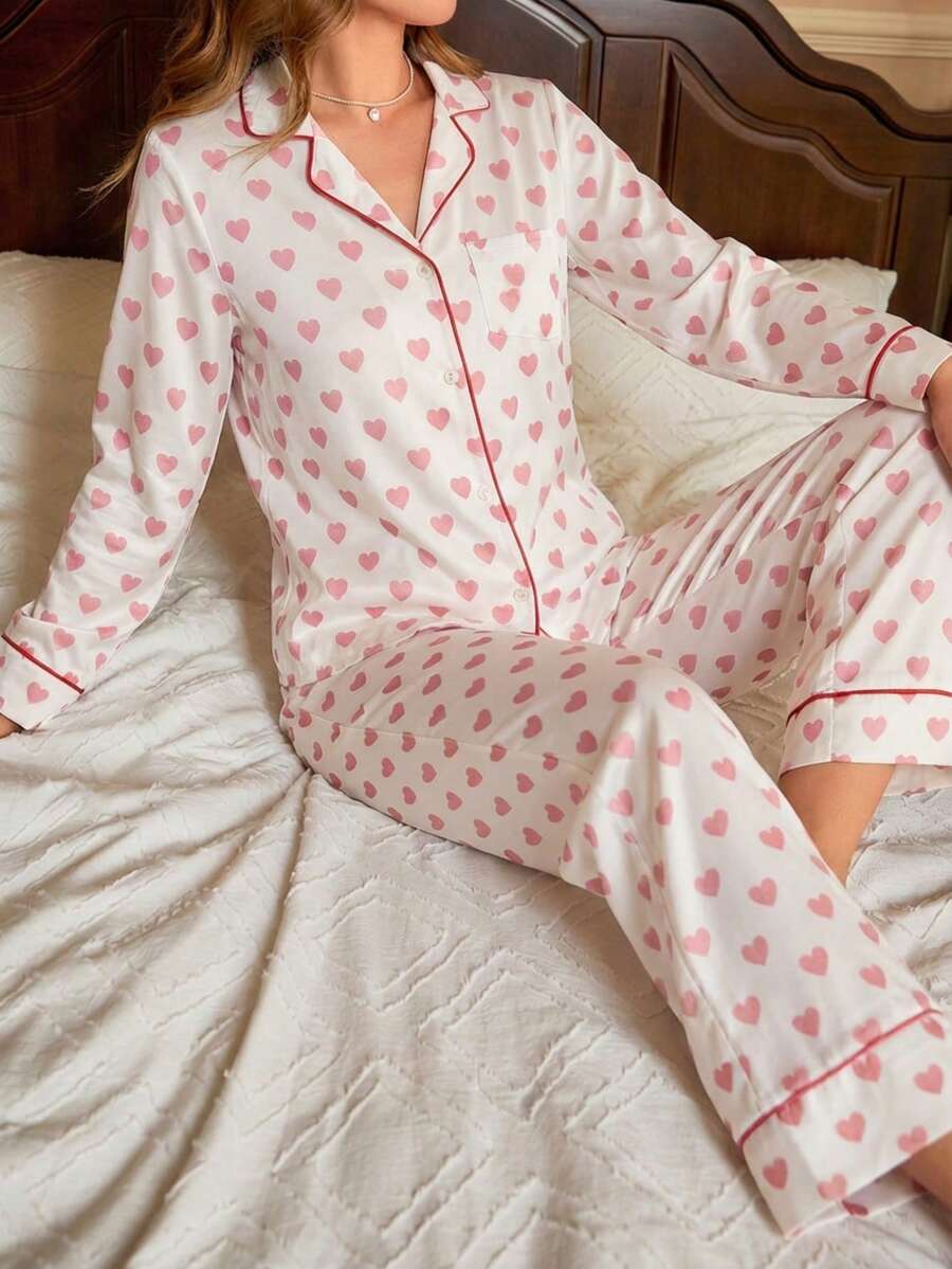 Conjunto de pijama con estampado de corazones y ribete de contraste - Rosa - Ver 1