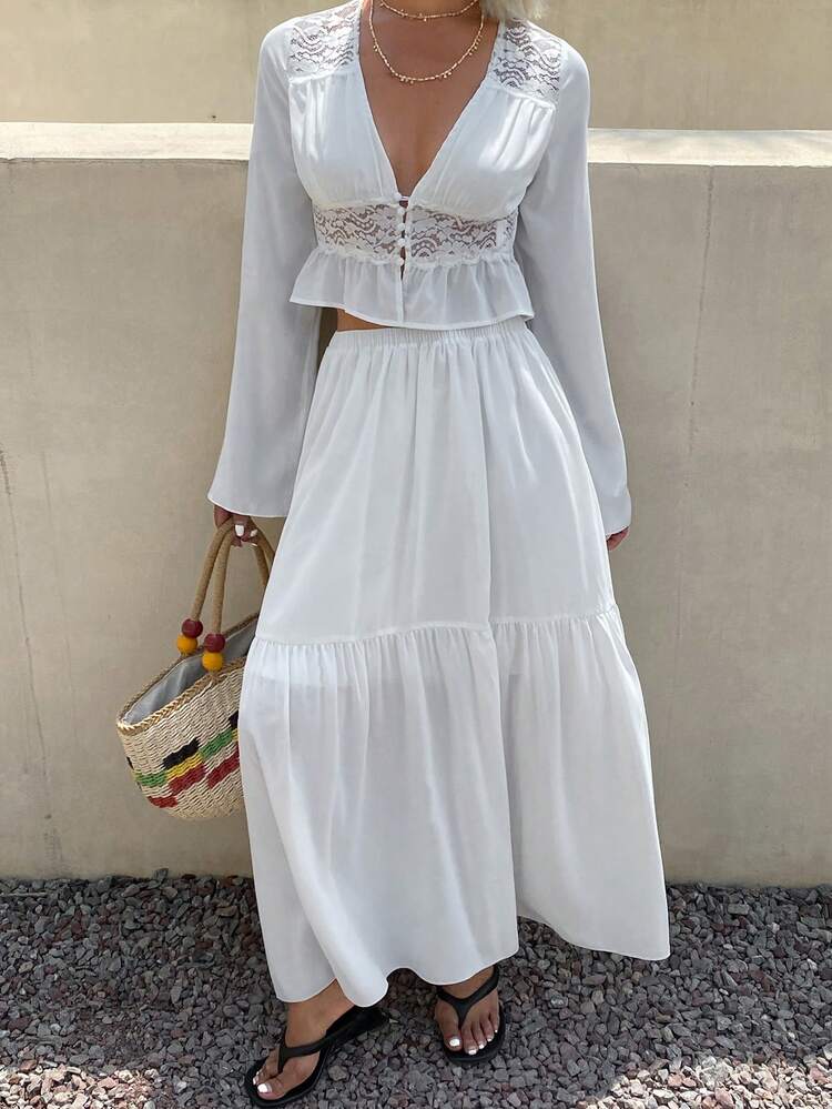 Women's Vacation Contrast Lace Long Sleeve Top And Midi Skirt Elegant 2-Piece Set