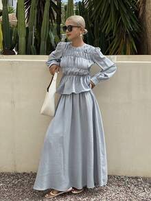 DAZY Bộ đồ nữ dáng rộng, thanh lịch gồm áo pull và chân váy dài, thích hợp cho mùa xuân/hè. - Màu be - Xem 6