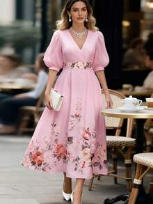 EMERY ROSE Floral Print V-Neck Elegant Long Dress - Baby Pink - View 4