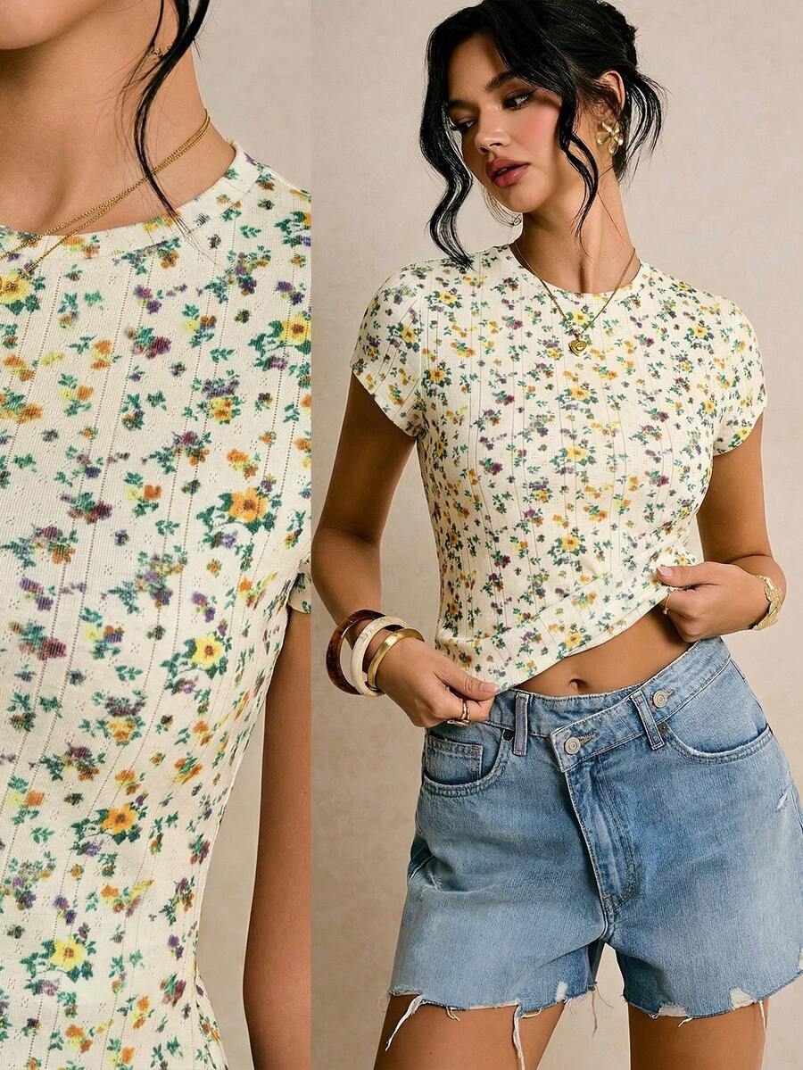 Poéselle 女士休闲碎花修身T恤 - 黃色 - 查看 1