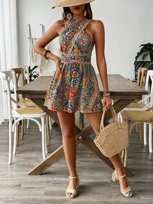 Breezaya Women's Holiday Paisley Print Criss-Cross Jumpsuit - Multicolor - View 6