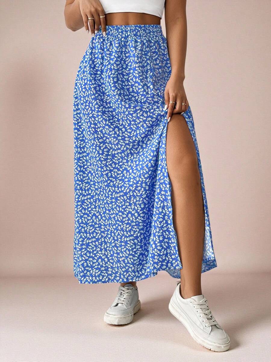 SHEIN VCAY Plus Size Women's Spring/Summer Beach Vacation Ditsy Floral Elastic Waist High Slit Hem Skirt - Blue - View 1
