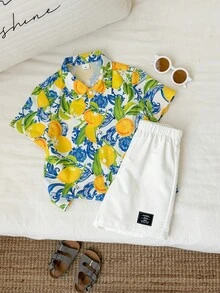 SHEIN Bộ đồ 2 món cho bé trai gồm áo sơ mi ngắn tay in hình quả chanh dễ thương và quần trắng cạp chun, trang phục thường ngày cho kỳ nghỉ hè. - Nhiều màu - Xem 4