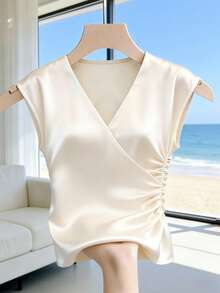 Franclia 女士优雅V领褶皱杏色时尚衬衫，适合优雅造型、夏季穿着、春季度假装扮 - 杏色 - 查看 3