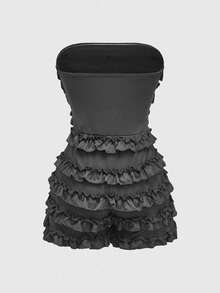 ROMWE Grunge Punk Summer Outfits Plus Size Women Y2K Harajuku Chic Black Solid Color Multi-Layer Ruffle Trim Cake Mini Romper - Dark Grey - View 4