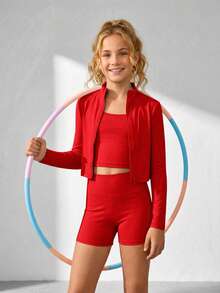 SHEIN Girlism 少女长袖翻领拉链T恤、背心和紧身裤三件套运动服 - 紅色 - 查看 3