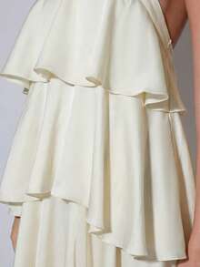 女士夏季时尚派对宴会度假风简约纯色交叉露背多层鸡尾酒裙 - 杏色 - 查看 6