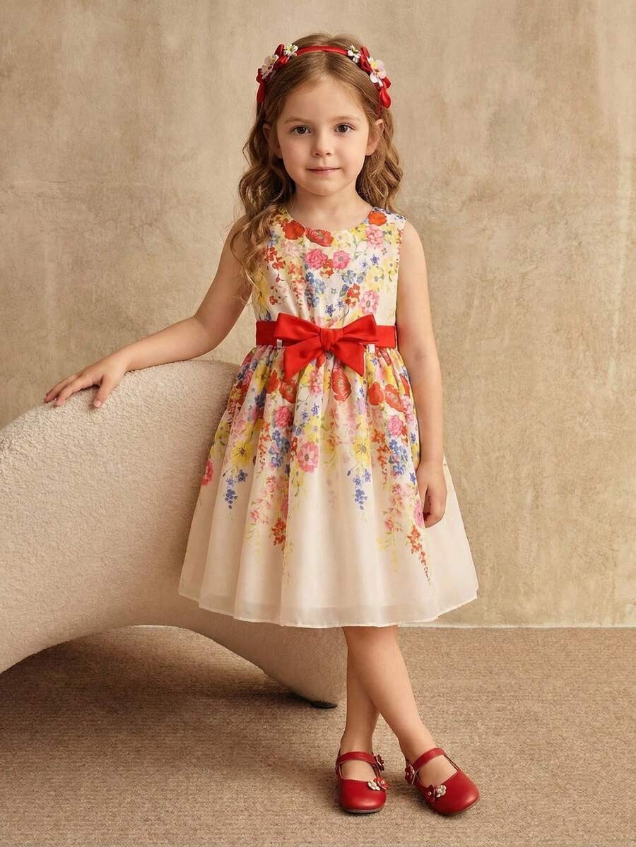 SHEIN 小女孩优雅碎花连衣裙，配有腰带，适合外出和度假 - 紅色 - 查看 1