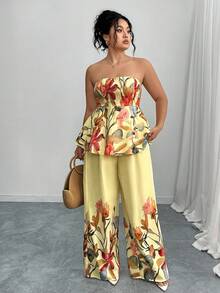Elenzga Conjunto de 2 piezas de talla grande con top sin mangas con estampado floral elegante y pantalones rectos sueltos, para verano - Multicolor - Ver 1