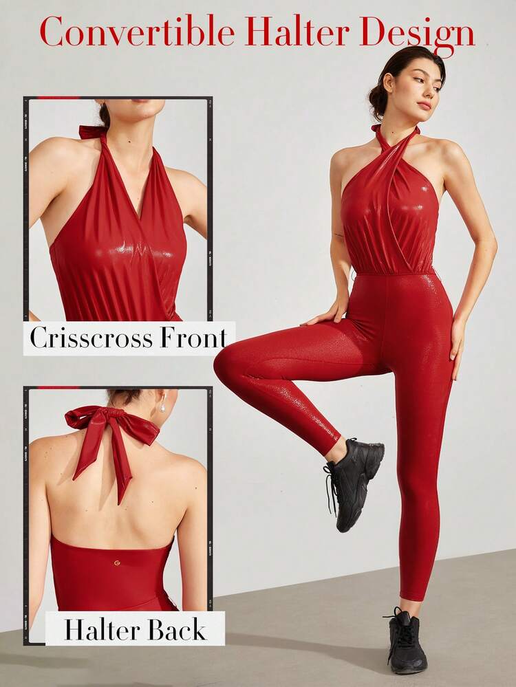 Glänzender Leder-effekt Halter Jumpsuit Mit Abnehmbarem Gürtel Und Leichtem Halt