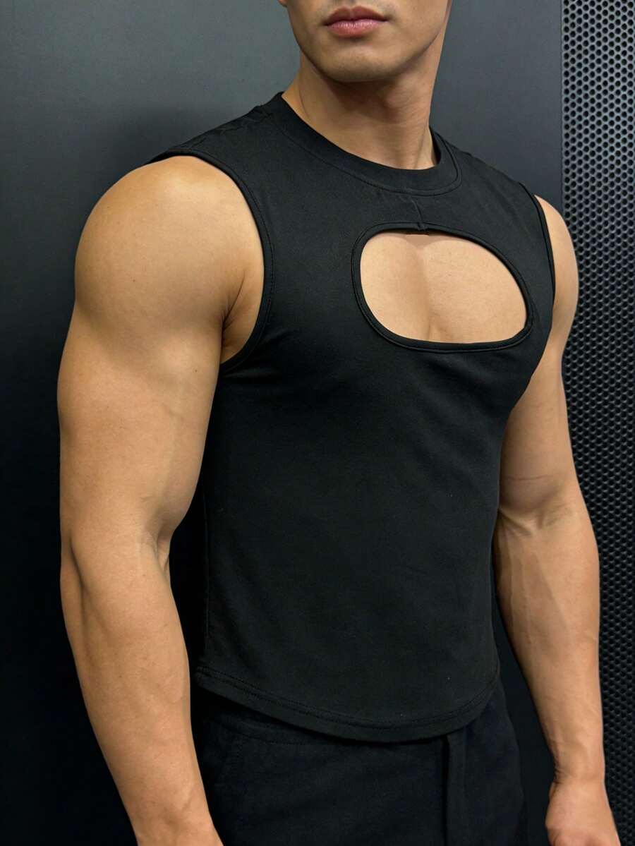 Manfinity Dauomo Y2K 夏季镂空露脐背心 健身风街头服饰 - 黑色 - 查看 1