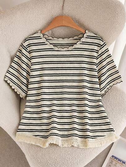 CosyJoli Áo thun nữ cỡ lớn kẻ sọc dáng rộng cổ tròn, đa năng cho mùa hè.