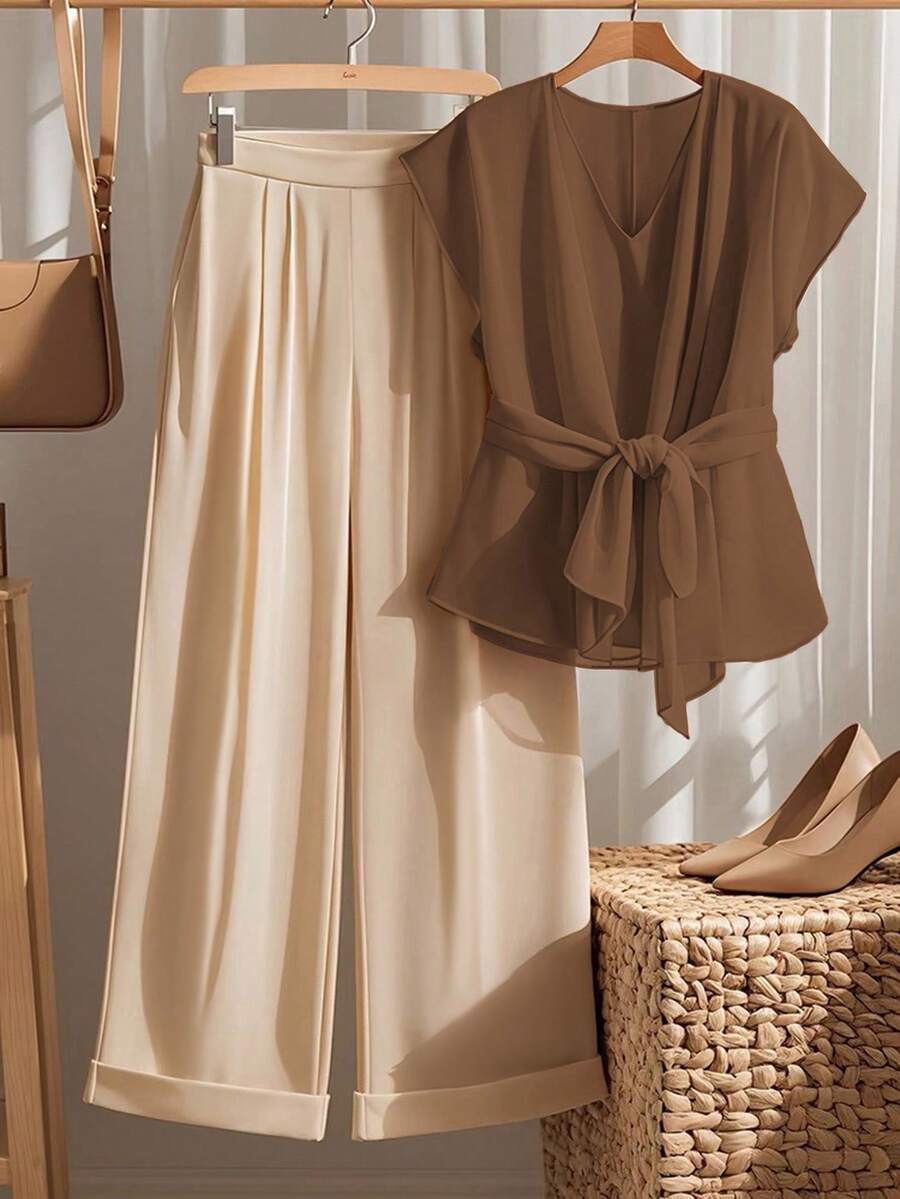 Franclia Damen Lässig Sommer Orange Kurzarm Top und Hose 2-teiliges Set im Maillard-Stil Sommer Braun Kleidung für Universität - Braun - Übersicht 1