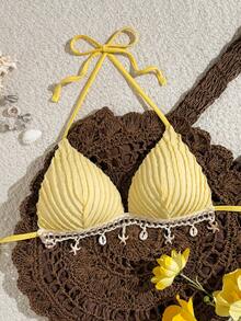 Swim Mod Springbreak Solid Color Textured Fabric Shell Strap Decor Halter Neck Swimwear Top, Summer Beach Party Bikini Top For Women Butter Yellow - Light Yellow - View 2