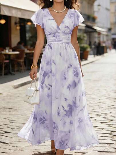 Balvessa Đầm midi chữ A cổ chữ V thanh lịch với viền bèo nhún, họa tiết hoa, thắt eo, chất liệu cao cấp, lãng mạn và thời trang cho kỳ nghỉ.
