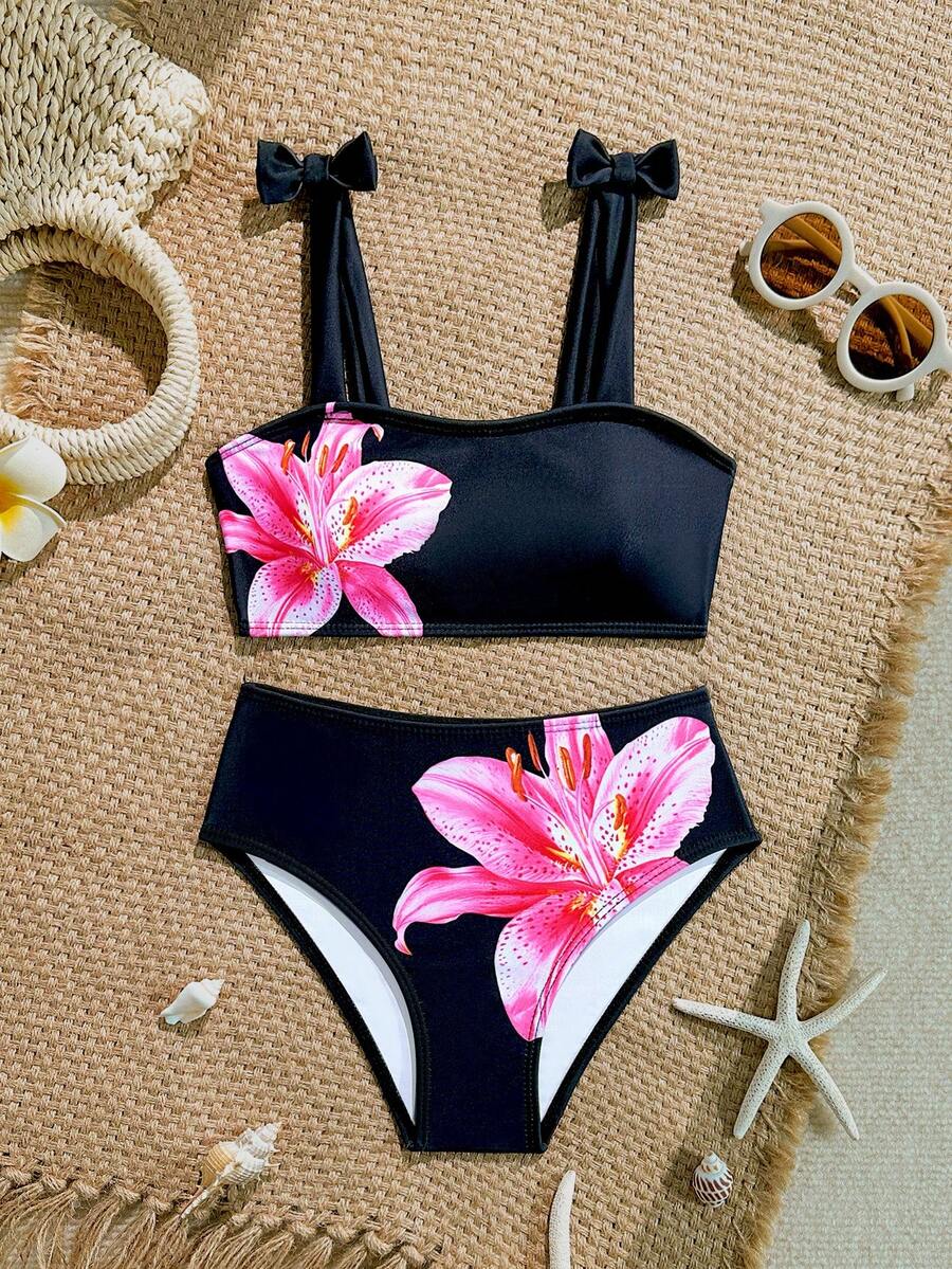 SHEIN 少女优雅印花蝴蝶结宽肩带泳装套装,适合海滩、度假、春夏秋季穿着。黑色花朵比基尼,粉色花朵泳装,泳装选购。 - 黑色 - 查看 1