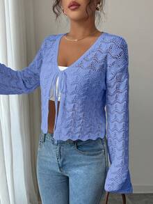 Elenzga Áo khoác cardigan nữ thanh lịch thắt nơ phía trước khoét rỗng - Màu xanh lam - Xem 7