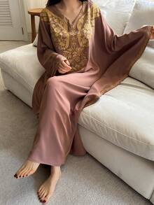 DAZY Robe ample à col en V et manches longues, robe de nuit pour femmes pour le printemps & l'été, pyjama - Tabac - Voir 3