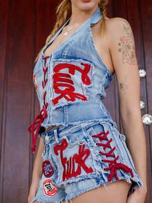 Ananda Vibes Quần short denim mini gợi cảm cạp thấp Y2K phong cách thể thao ba lê cổ điển dành cho nữ có logo thêu họa tiết dây rút - Màu xanh nhạt - Xem 6