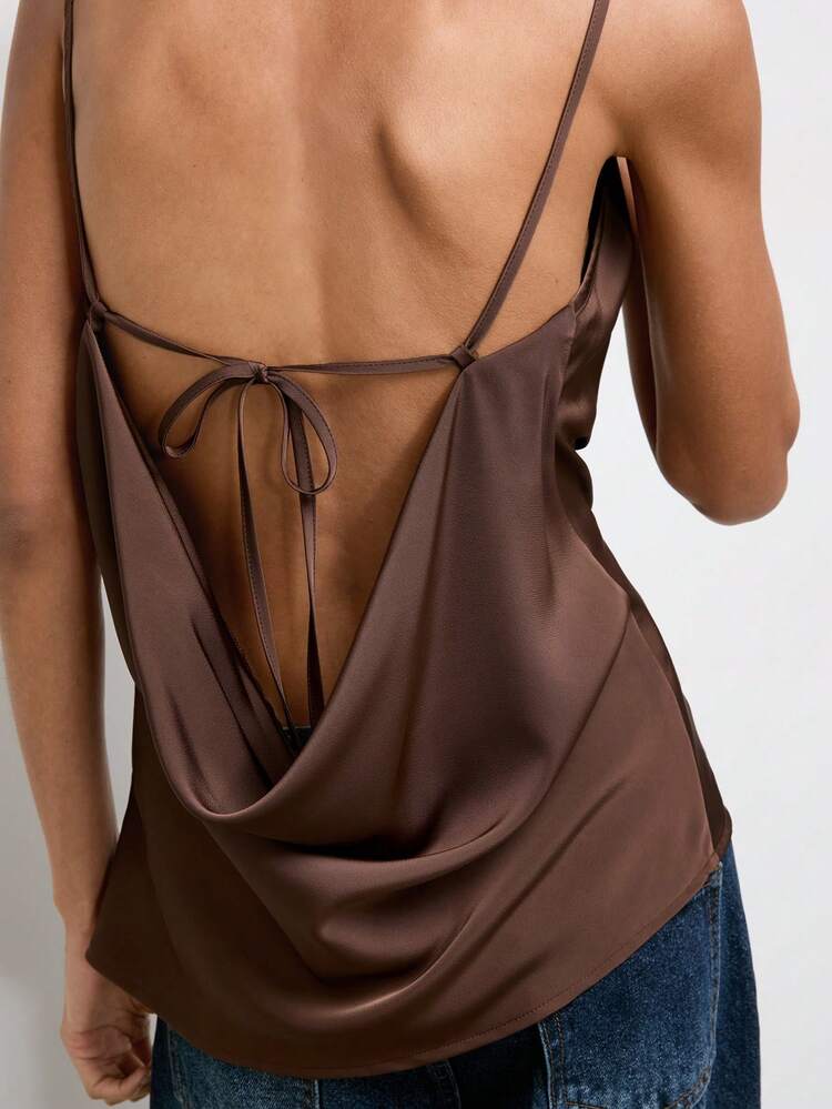 SHEIN Maija サマーキャミソール、スパゲッティストラップ、オープンバック、リボンストラップ、ドレープネックライン、サテンシャイン、カジュアルでくつろげる、アーバン