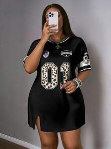 Slaydiva Plus Size Letter & Leopard Print Round Neck Short Sleeve Dress - Multicolor - View 6