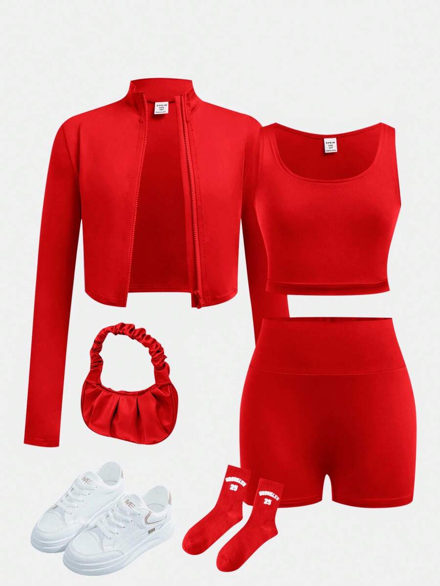 SHEIN Girlism 少女长袖翻领拉链T恤、背心和紧身裤三件套运动服 - 紅色 - 查看 1