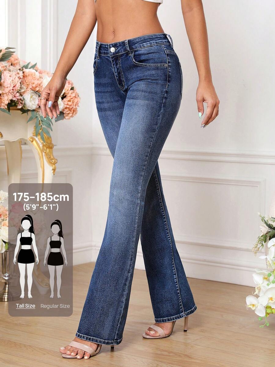 SHEIN Tall 斜口袋牛仔喇叭褲 - 深色水洗藍 - 查看 1