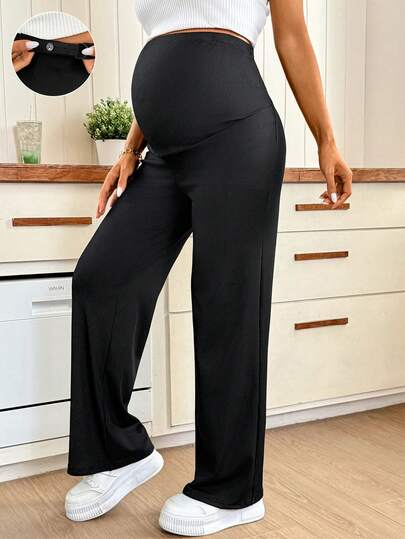 SHEIN 孕妇纯色可调节腰围直筒休闲裤