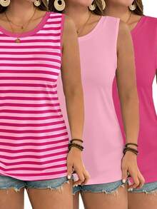EMERY ROSE Conjunto de 3 piezas para mujer talla grande con top sin mangas con cuello redondo, a rayas y de unicolor - Multicolor - Ver 1