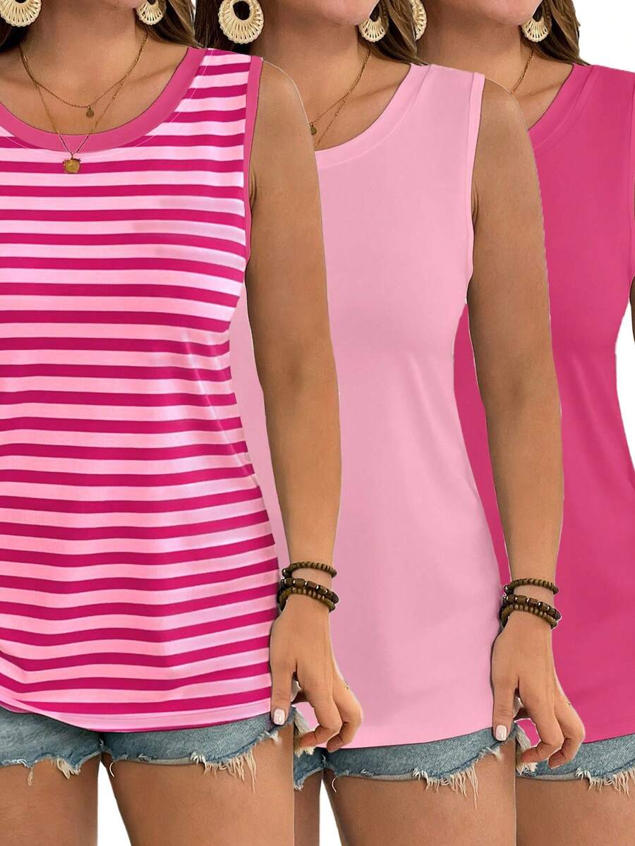 EMERY ROSE Conjunto de 3 piezas para mujer talla grande con top sin mangas con cuello redondo, a rayas y de unicolor - Multicolor - Ver 1