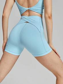 GLOWMODE 4.3" FeatherFit™高腰交叉防滑短褲，低衝擊瑜伽日常穿著 - 水藍色 - 查看 6
