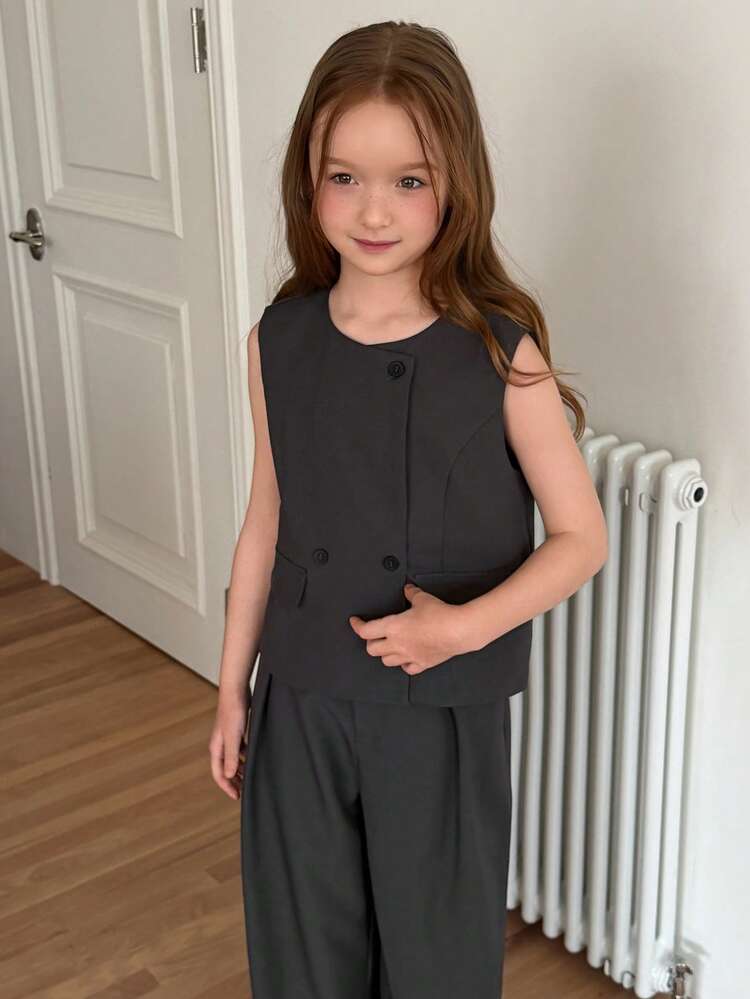 Tween Girl Solid Color Double-Breasted Vest Jacket & Pants Casual Suit