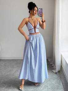 Arcane Artistry Bộ đồ đi nghỉ mát cho nữ màu xanh sọc, gợi cảm, cổ khoét sâu, áo crop top hai dây cổ chữ V sâu và chân váy maxi chữ A, trang phục đi biển cho nữ, trang phục mùa hè cho nữ, váy thường ngày cho nữ, chân váy maxi xanh cho nữ, trang phục nghỉ lễ cho nữ, trang phục đi nghỉ mát cho nữ, chân váy maxi đi biển. - Màu be - Xem 6